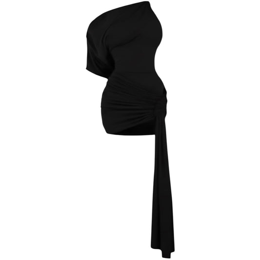 ALLILA THE LABEL Black mini asymmetrical scarf drape tie front dress Drift ATL